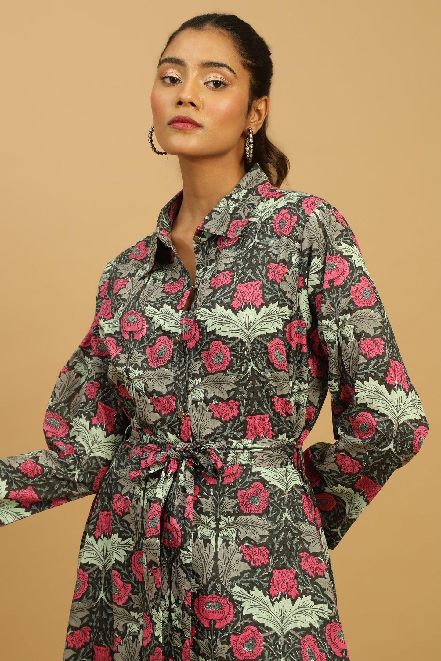 BLACK CHARCOAL POPPY ORGANIC COTTON SHIRT DRESS