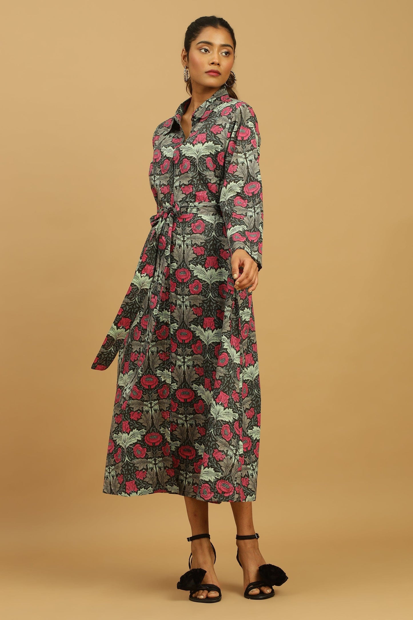 BLACK CHARCOAL POPPY ORGANIC COTTON SHIRT DRESS