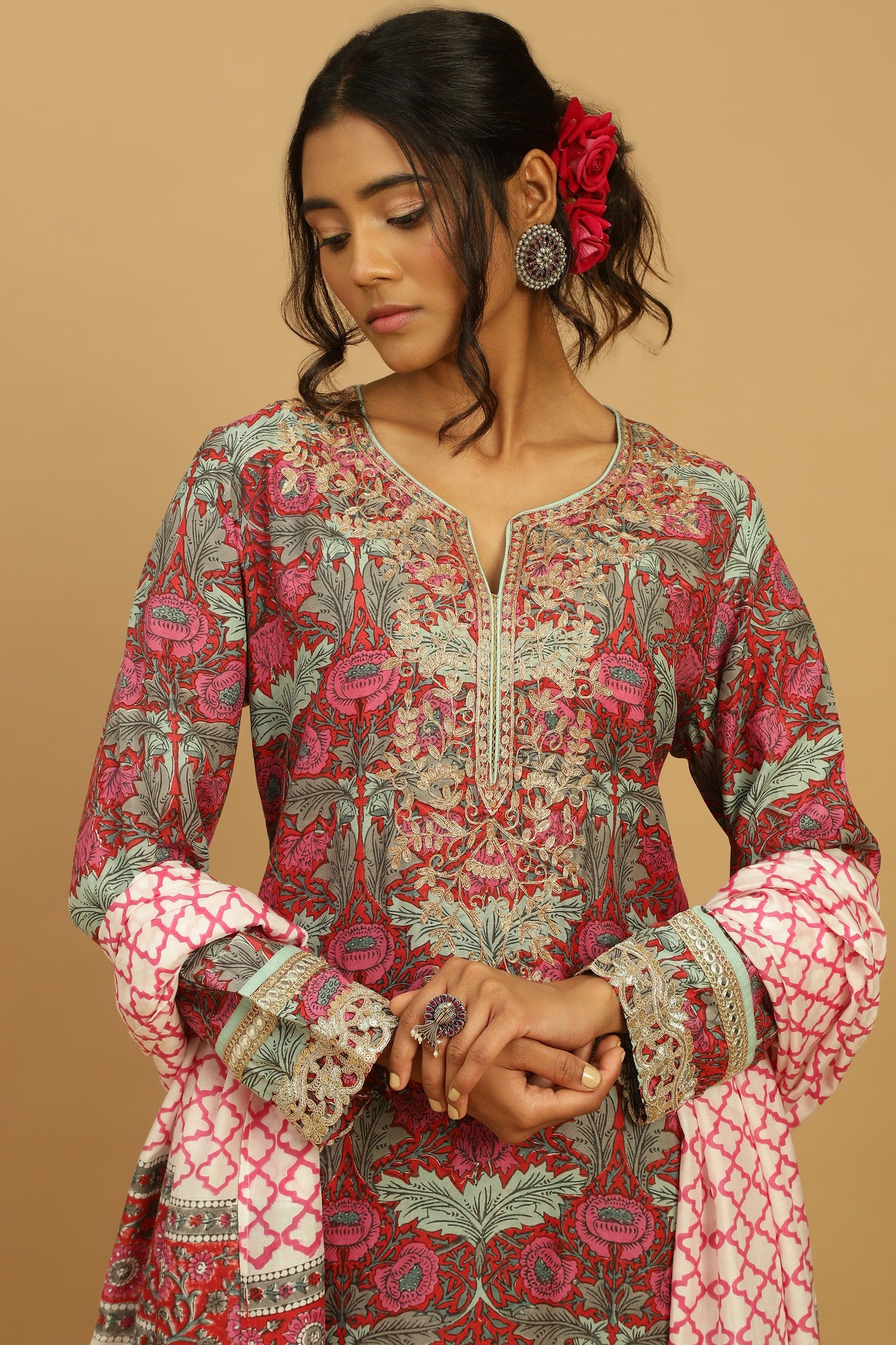 RED POPPY COTTON SILK KURTA SET (3 pcs)