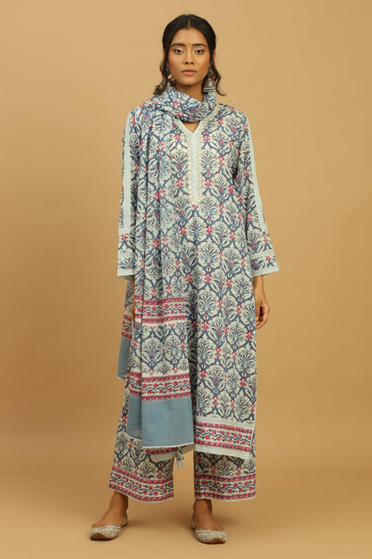 BLUE ANANAAS JAALI ORGANIC COTTON BLOCK KURTA SET (3pcs)