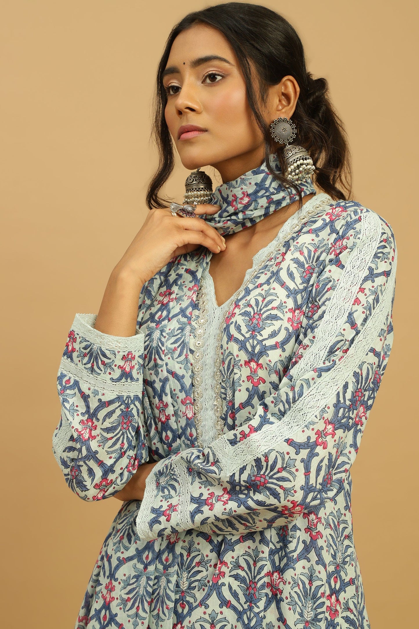 BLUE ANANAAS JAALI ORGANIC COTTON BLOCK KURTA SET (3pcs)