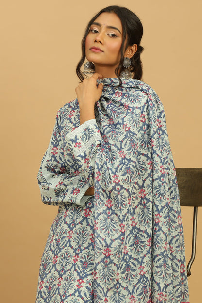 BLUE ANANAAS JAALI ORGANIC COTTON BLOCK KURTA SET (3pcs)