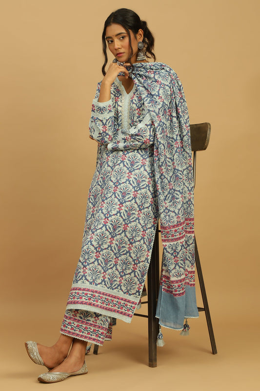 BLUE ANANAAS JAALI ORGANIC COTTON BLOCK KURTA SET (3pcs)