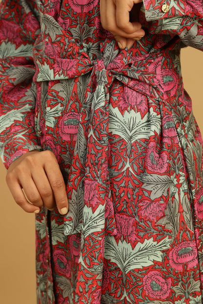 RED POPPY COTTON SILK BLOCK WRAP DRESS