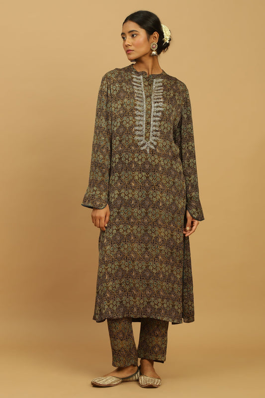 TAUPE JAAL COTTON SILK AJRAKH TUNIC SET (2 pcs)