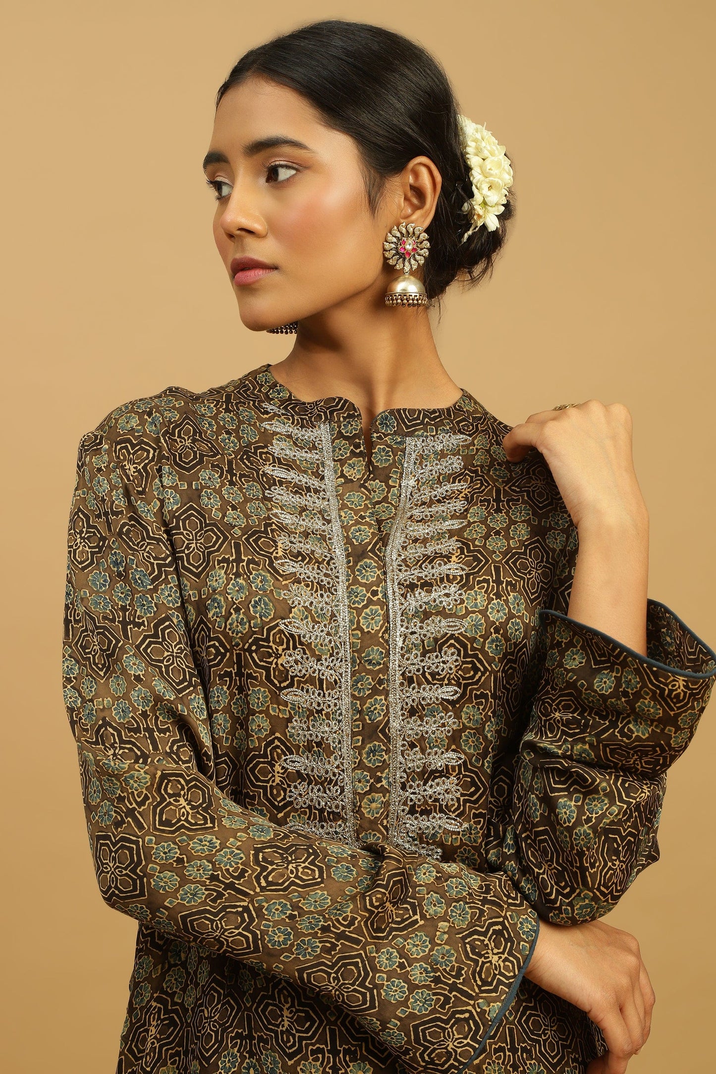 TAUPE JAAL COTTON SILK AJRAKH TUNIC SET (2 pcs)