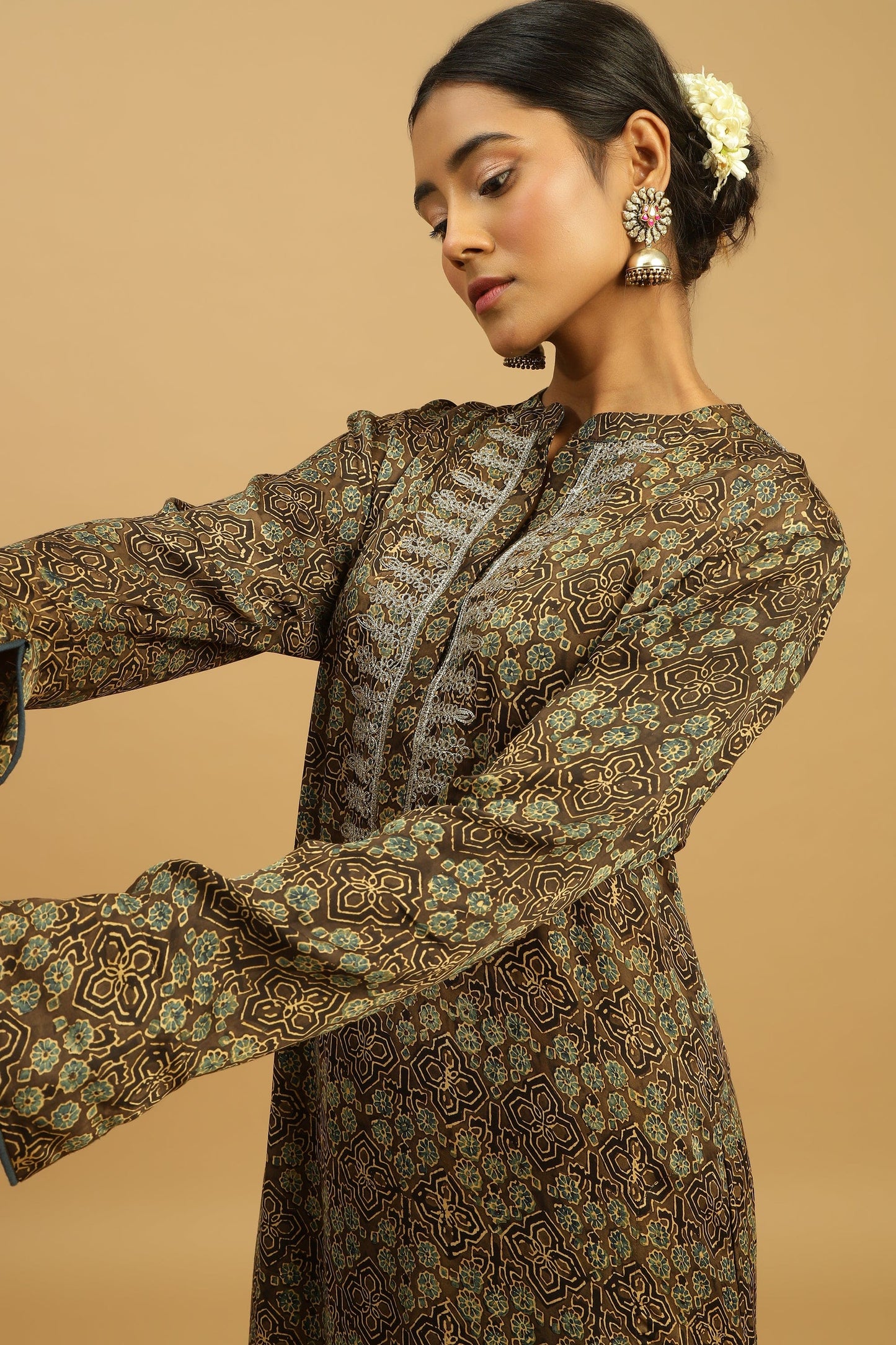 TAUPE JAAL COTTON SILK AJRAKH TUNIC SET (2 pcs)