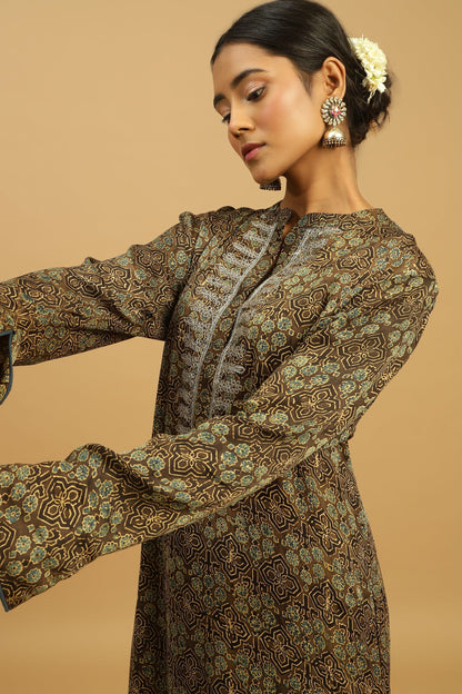 TAUPE JAAL COTTON SILK AJRAKH TUNIC SET (2 pcs)
