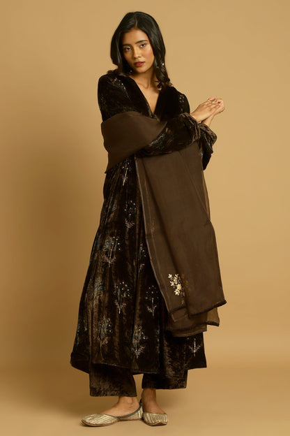 CHOCOLATE BOOTIE VELVET AJRAKH KURTA SET (3 Pcs)