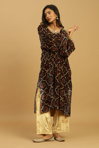 FUCHSIA JAAL VELVET AJRAKH PHIRAN SET (2 pcs)