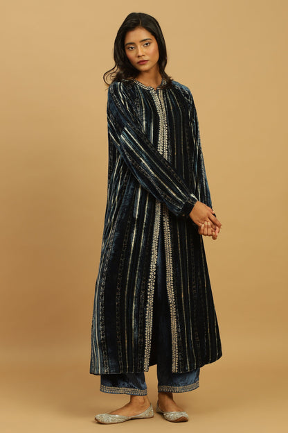 INDIGO PAISLEY STRIPES VELVET AJRAKH TUNIC JACKET SET (2 pcs)