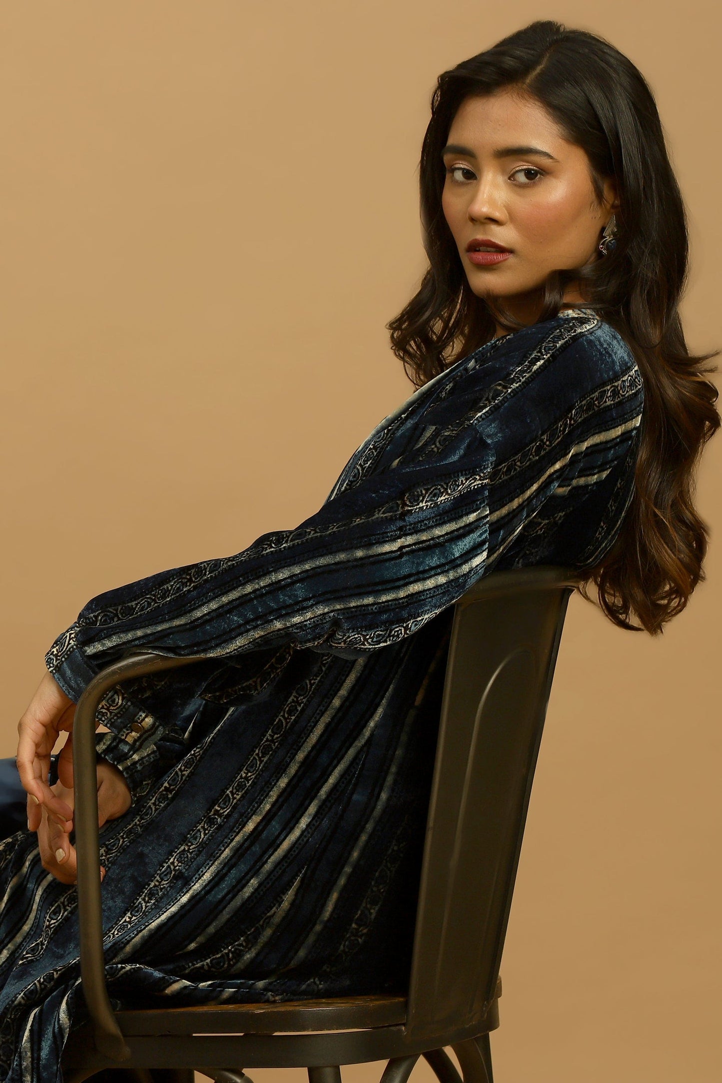 INDIGO PAISLEY STRIPES VELVET AJRAKH TUNIC JACKET SET (2 pcs)