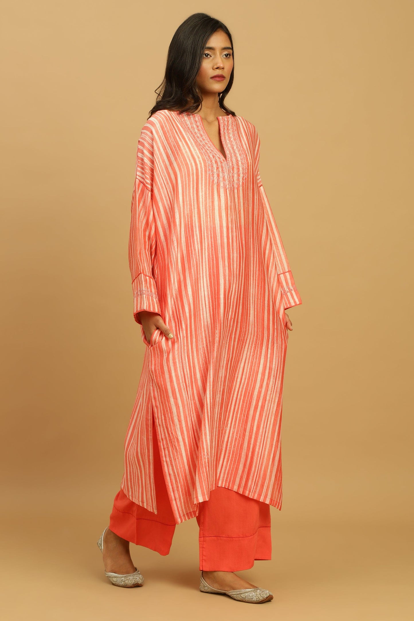 CORAL CHANDERI SHIBORI KURTA SET (3 pcs)
