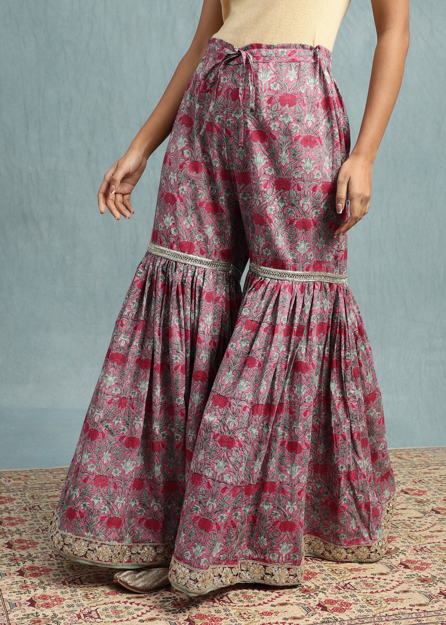 Pink Marigold Jaal Organic Cotton Hand Block Printed Sharara- (3 Pcs Set)