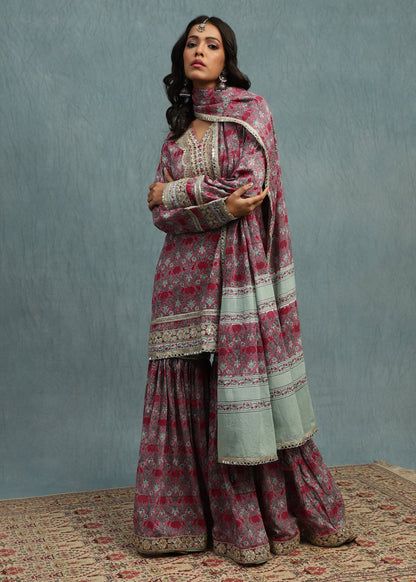 Pink Marigold Jaal Organic Cotton Hand Block Printed Sharara- (3 Pcs Set)