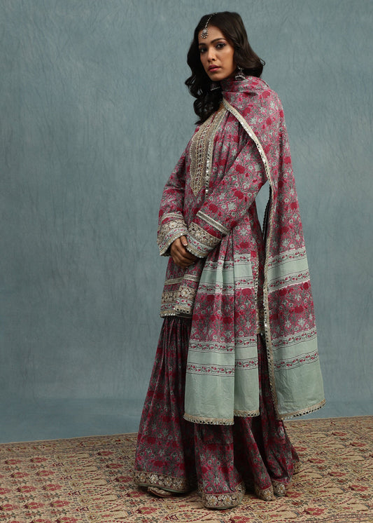 Pink Marigold Jaal Organic Cotton Hand Block Printed Sharara- (3 Pcs Set)