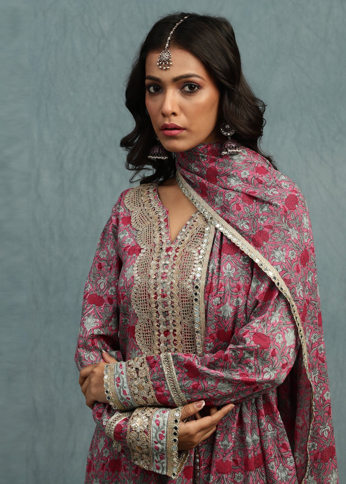 Pink Marigold Jaal Organic Cotton Hand Block Printed Sharara- (3 Pcs Set)