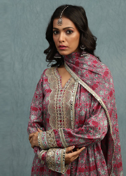 Pink Marigold Jaal Organic Cotton Hand Block Printed Sharara- (3 Pcs Set)