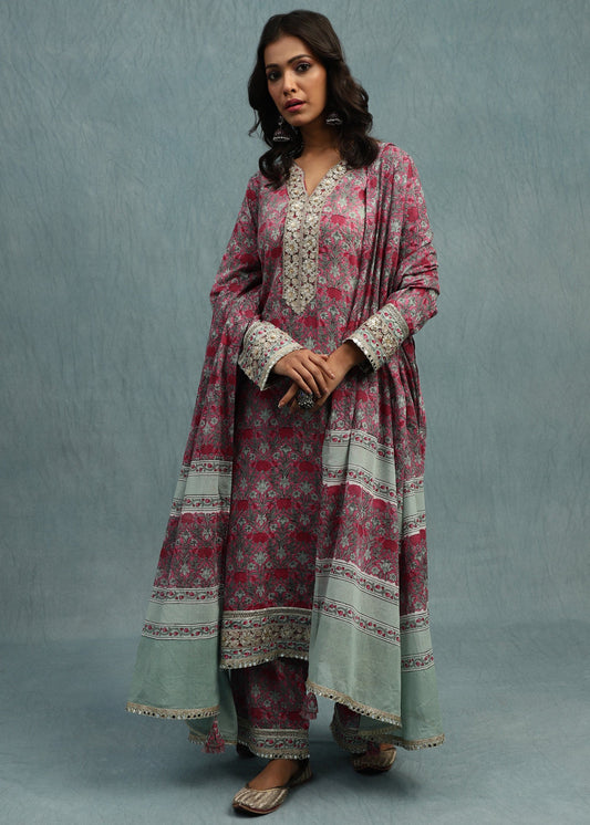 Pink Marigold Jaal Organic Cotton Hand Block Printed Kurta - (3 Pcs Set)