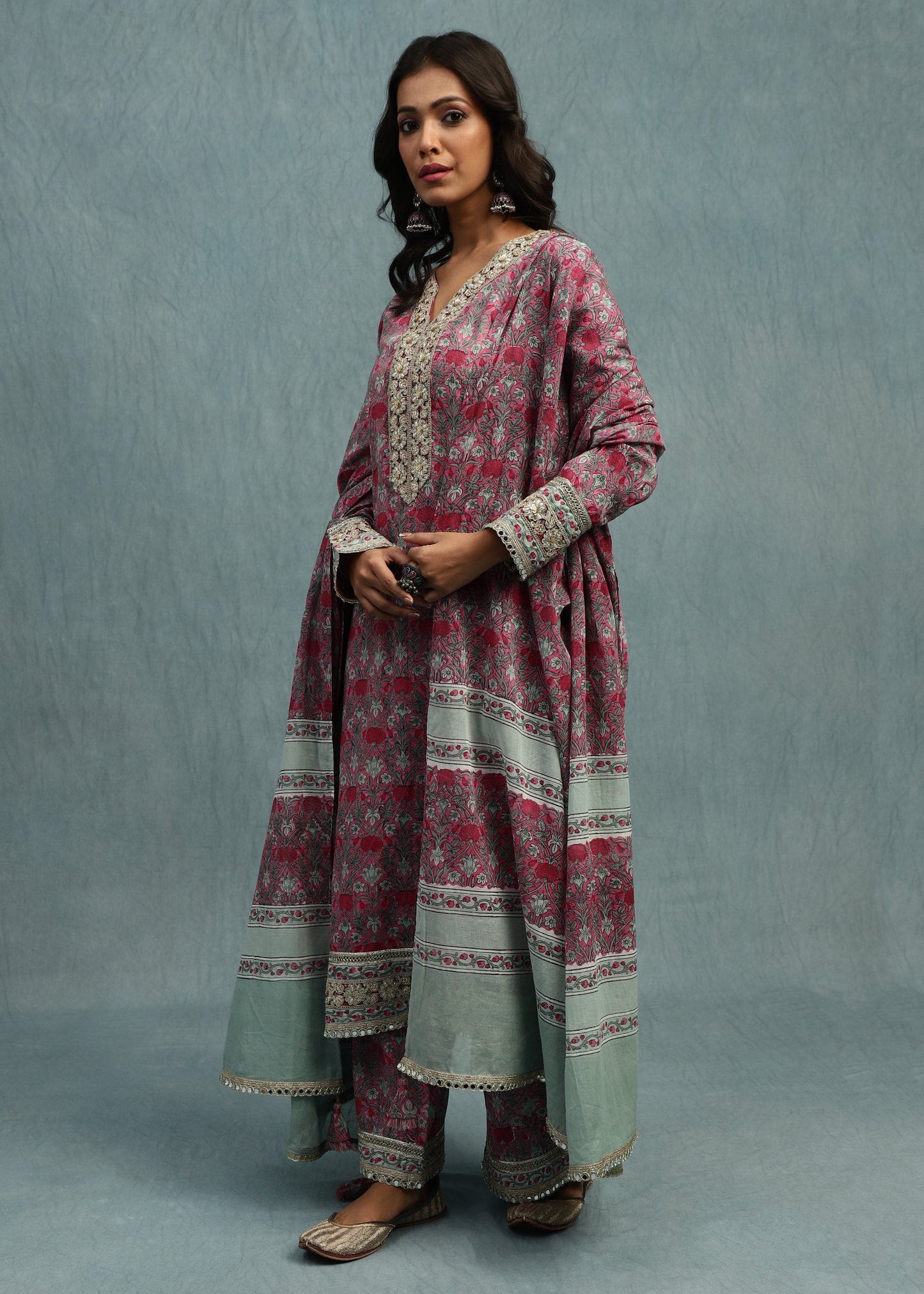 Pink Marigold Jaal Organic Cotton Hand Block Printed Kurta - (3 Pcs Set)