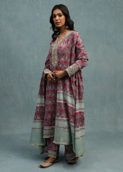 Pink Marigold Jaal Organic Cotton Hand Block Printed Kurta - (3 Pcs Set)