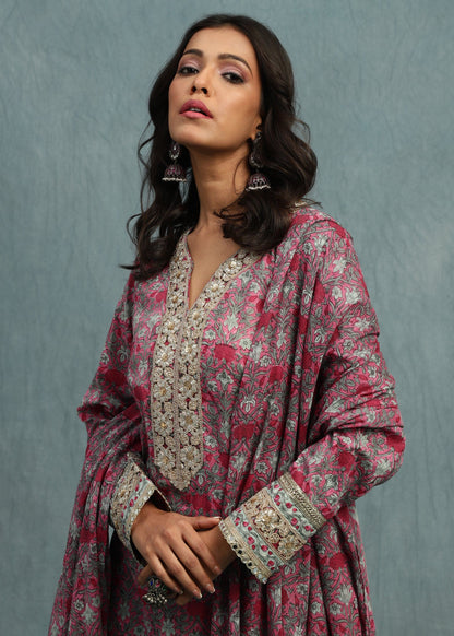 Pink Marigold Jaal Organic Cotton Hand Block Printed Kurta - (3 Pcs Set)