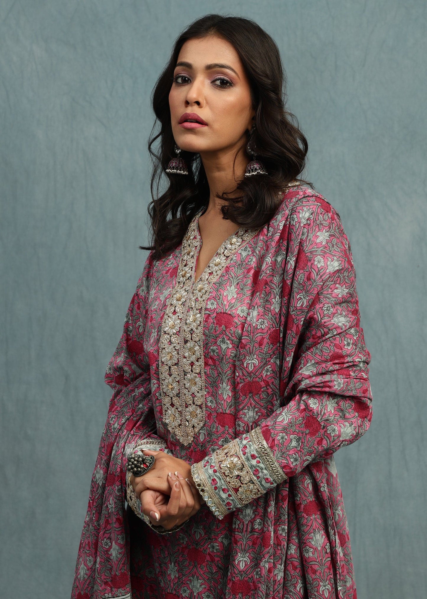 Pink Marigold Jaal Organic Cotton Hand Block Printed Kurta - (3 Pcs Set)