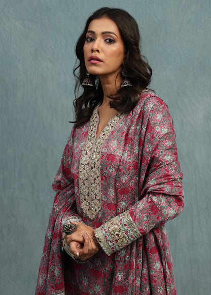 Pink Marigold Jaal Organic Cotton Hand Block Printed Kurta - (3 Pcs Set)
