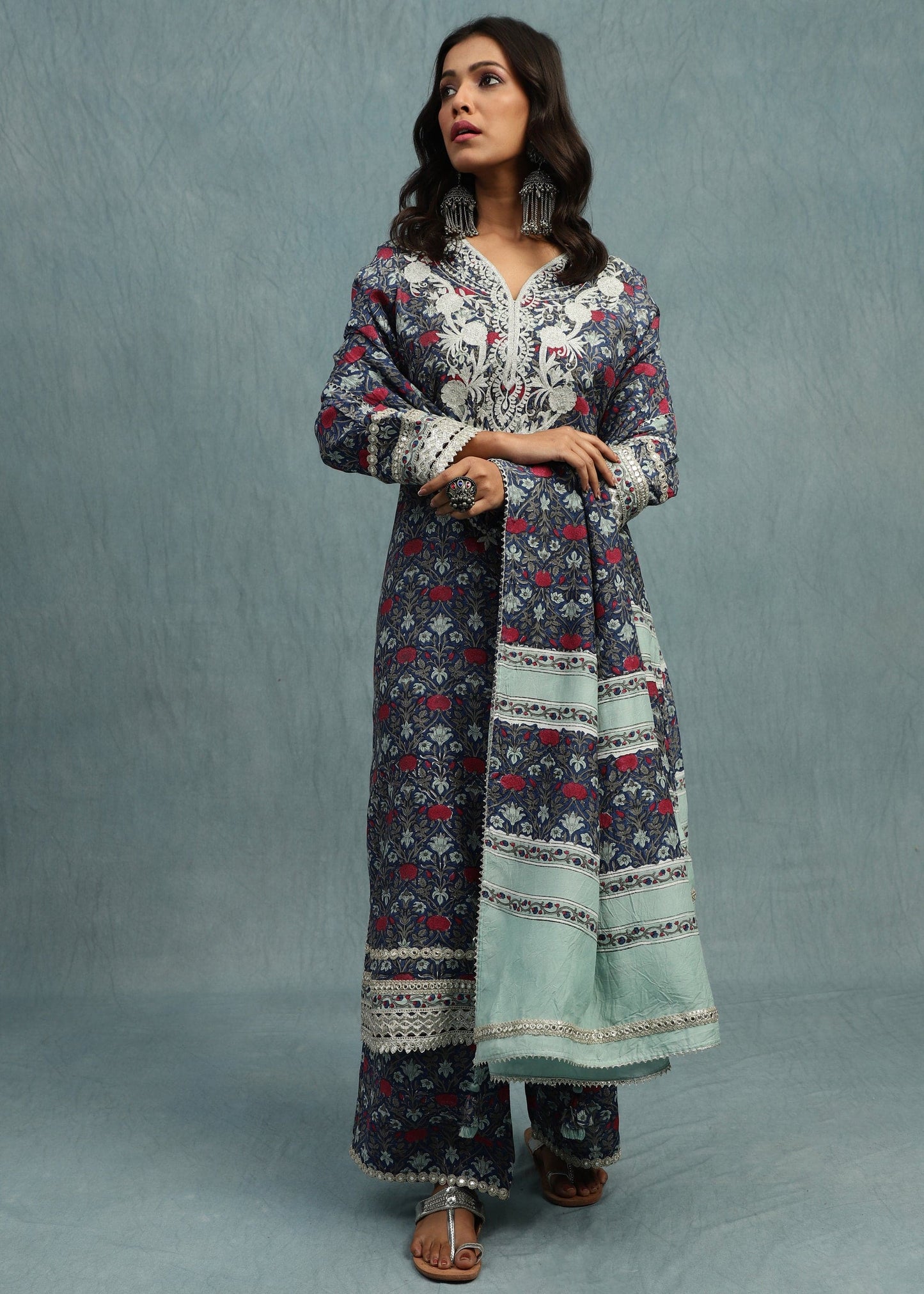 Indigo Marigold Jaal Cotton Silk Hand Block Printed Kurta Set- (3 Pcs Set)