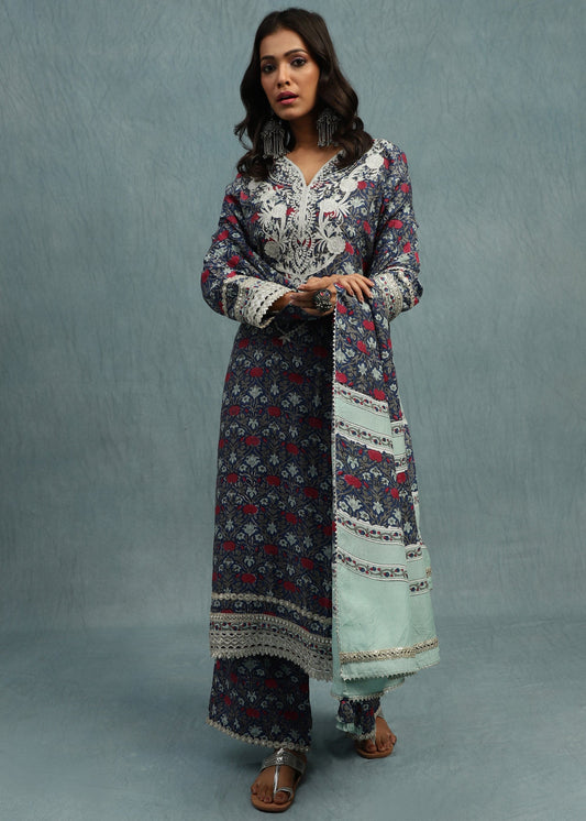 Indigo Marigold Jaal Cotton Silk Hand Block Printed Kurta Set- (3 Pcs Set)