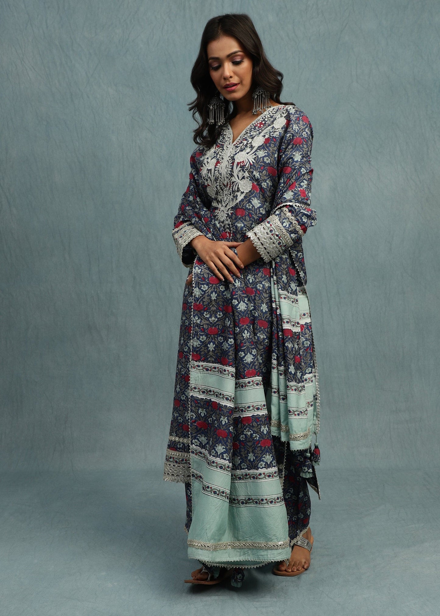 Indigo Marigold Jaal Cotton Silk Hand Block Printed Kurta Set- (3 Pcs Set)