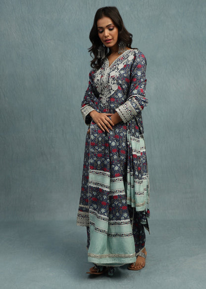 Indigo Marigold Jaal Cotton Silk Hand Block Printed Kurta Set- (3 Pcs Set)