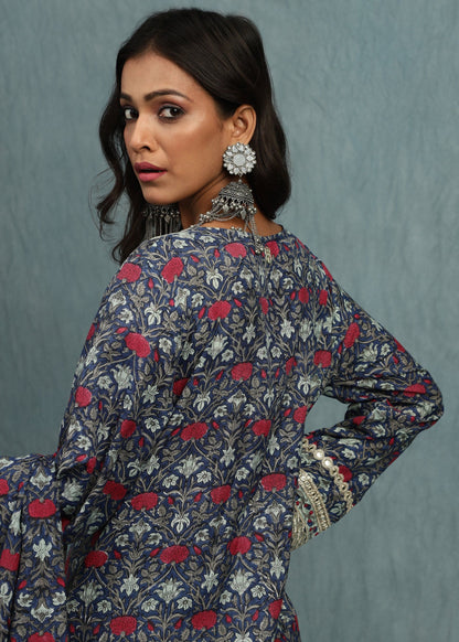 Indigo Marigold Jaal Cotton Silk Hand Block Printed Kurta Set- (3 Pcs Set)
