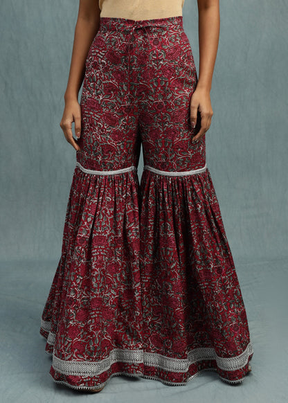 Red Rose Jaal Cotton Silk Hand Block Printed Sharara- (3 Pcs Set)