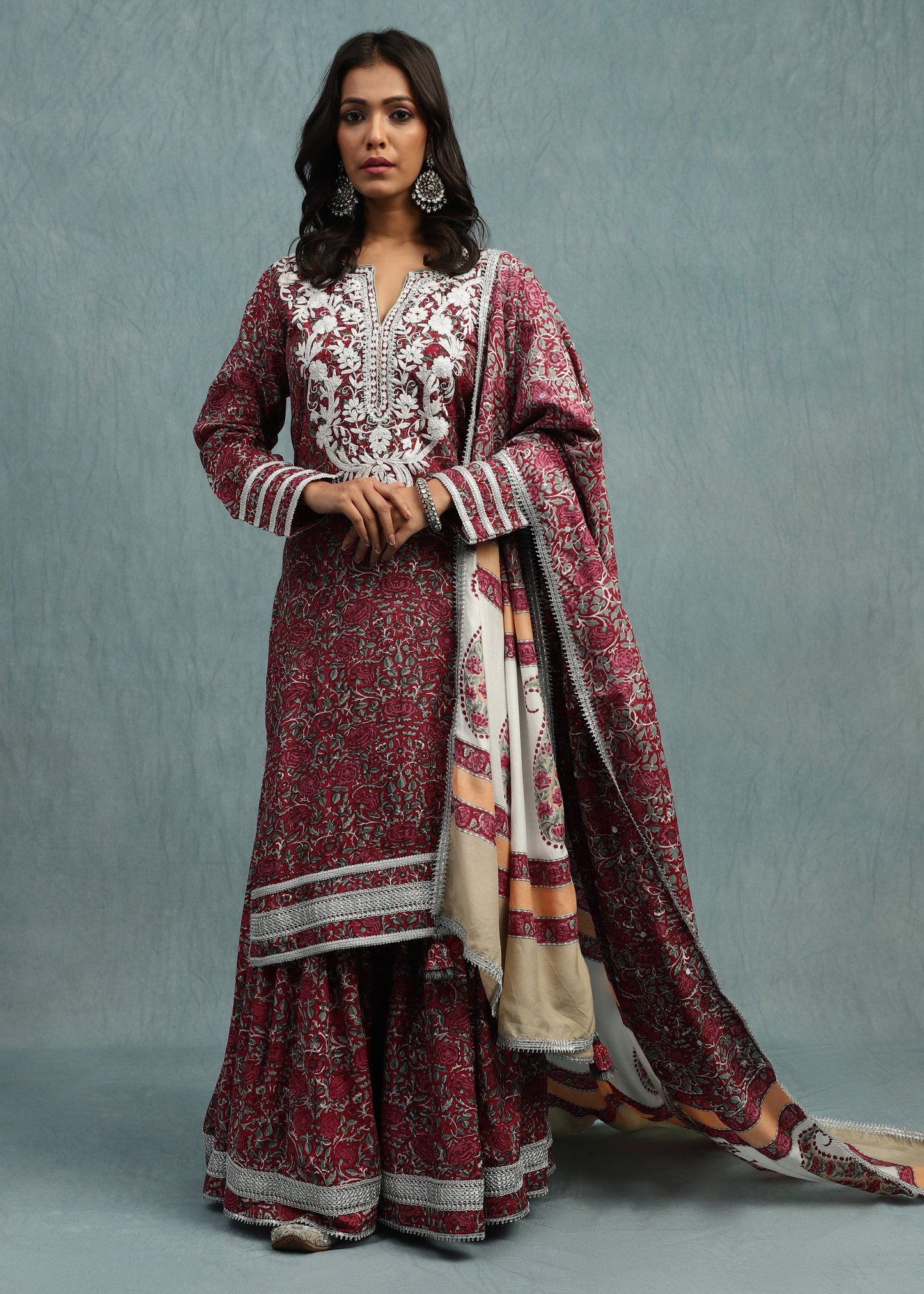 Red Rose Jaal Cotton Silk Hand Block Printed Sharara- (3 Pcs Set)