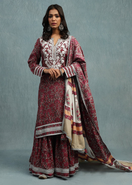 Red Rose Jaal Cotton Silk Hand Block Printed Sharara- (3 Pcs Set)
