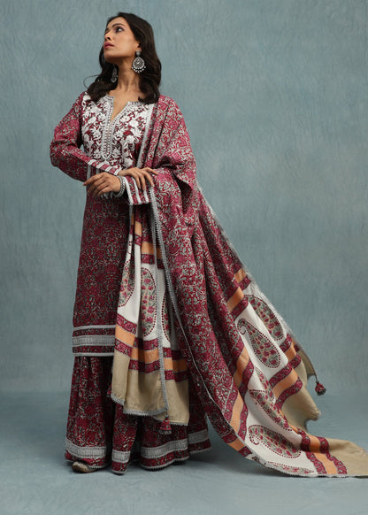 Red Rose Jaal Cotton Silk Hand Block Printed Sharara- (3 Pcs Set)