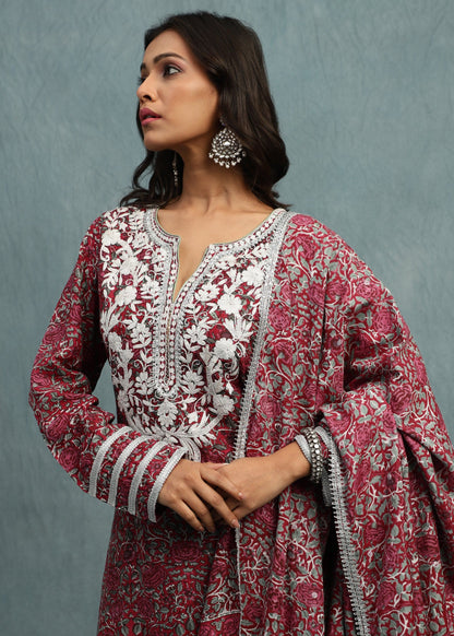 Red Rose Jaal Cotton Silk Hand Block Printed Sharara- (3 Pcs Set)