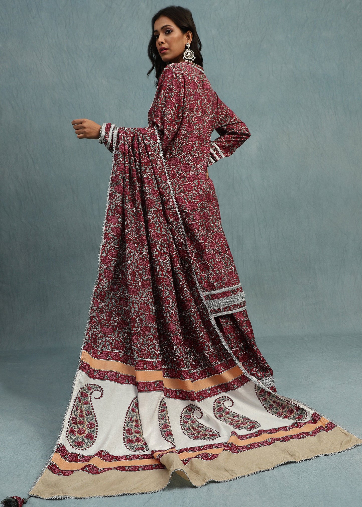 Red Rose Jaal Cotton Silk Hand Block Printed Sharara- (3 Pcs Set)