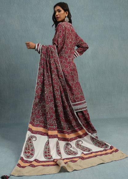 Red Rose Jaal Cotton Silk Hand Block Printed Sharara- (3 Pcs Set)