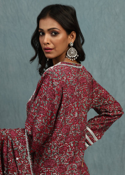 Red Rose Jaal Cotton Silk Hand Block Printed Sharara- (3 Pcs Set)