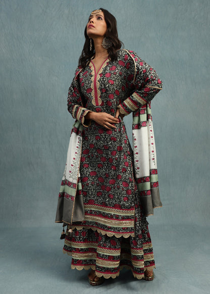 Red Rose Jaal Cotton Silk Hand Block Printed Sharara- (3 Pcs Set)
