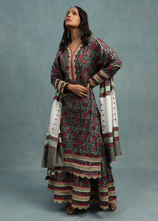 Red Rose Jaal Cotton Silk Hand Block Printed Sharara- (3 Pcs Set)