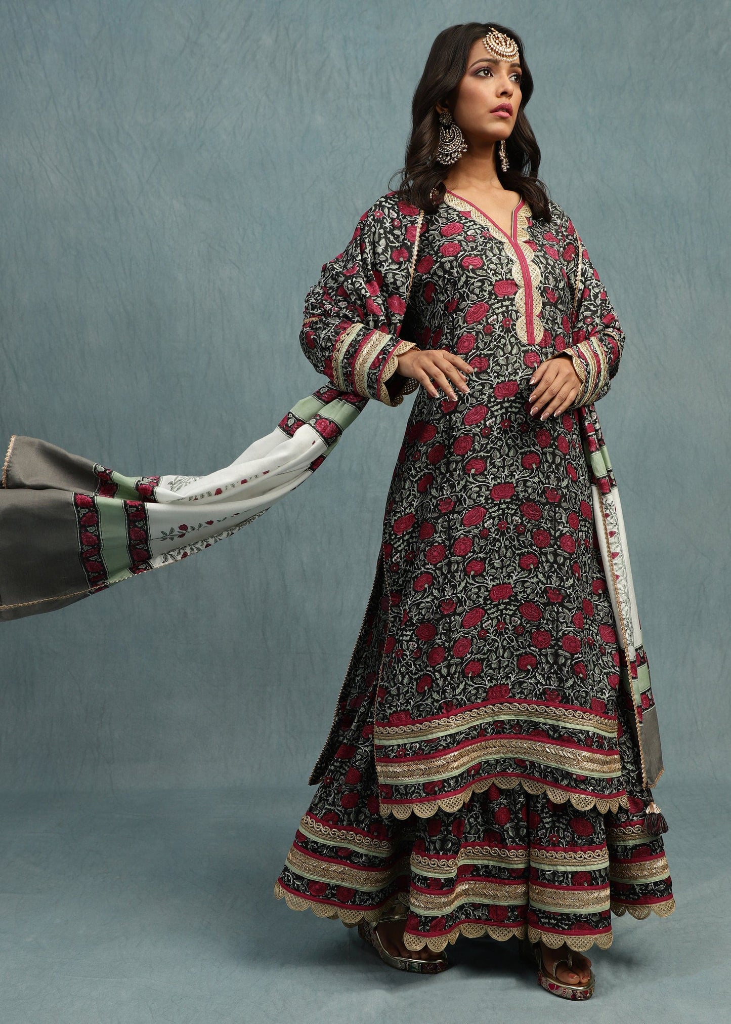 Red Rose Jaal Cotton Silk Hand Block Printed Sharara- (3 Pcs Set)