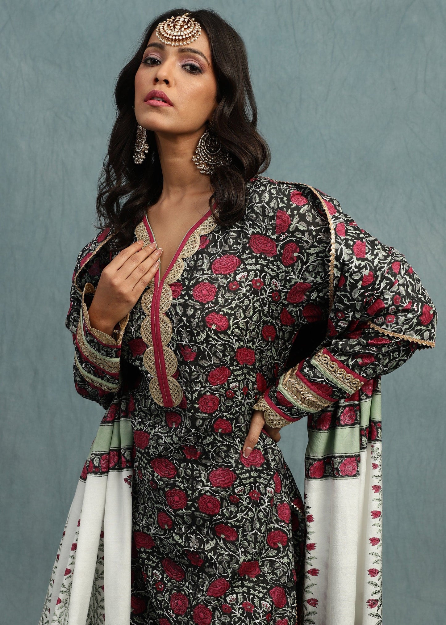 Red Rose Jaal Cotton Silk Hand Block Printed Sharara- (3 Pcs Set)