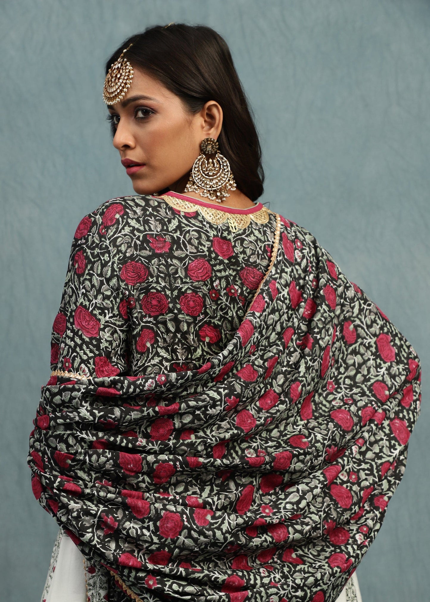 Black Rose Jaal Cotton Silk Hand Block Printed Kurta Set- (3 Pcs Set)