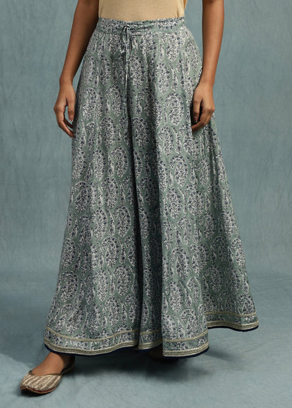 Light Indigo Paisley Jaal Cotton Silk Hand Block Printed Palazzo- (3 Pcs Set)