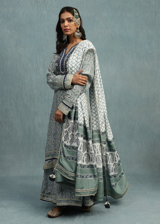 Light Indigo Paisley Jaal Cotton Silk Hand Block Printed Palazzo- (3 Pcs Set)
