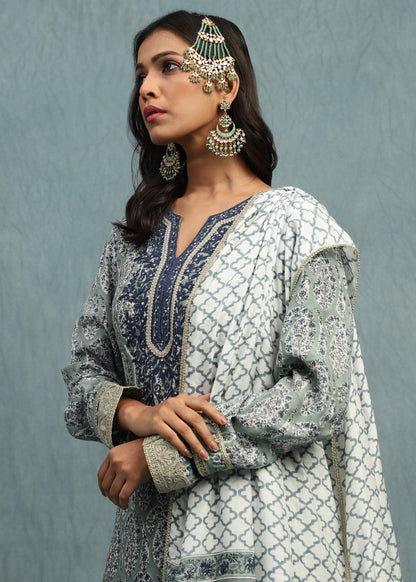 Light Indigo Paisley Jaal Cotton Silk Hand Block Printed Palazzo- (3 Pcs Set)