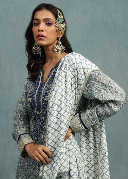 Light Indigo Paisley Jaal Cotton Silk Hand Block Printed Palazzo- (3 Pcs Set)